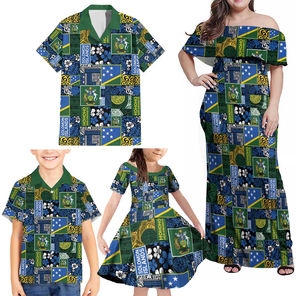 Solomon Islands Meri Kirihimete Family Matching Off Shoulder Maxi Dress and Hawaiian Shirt Pacific Patchwork Xmas Vibes - Polynesian Pride