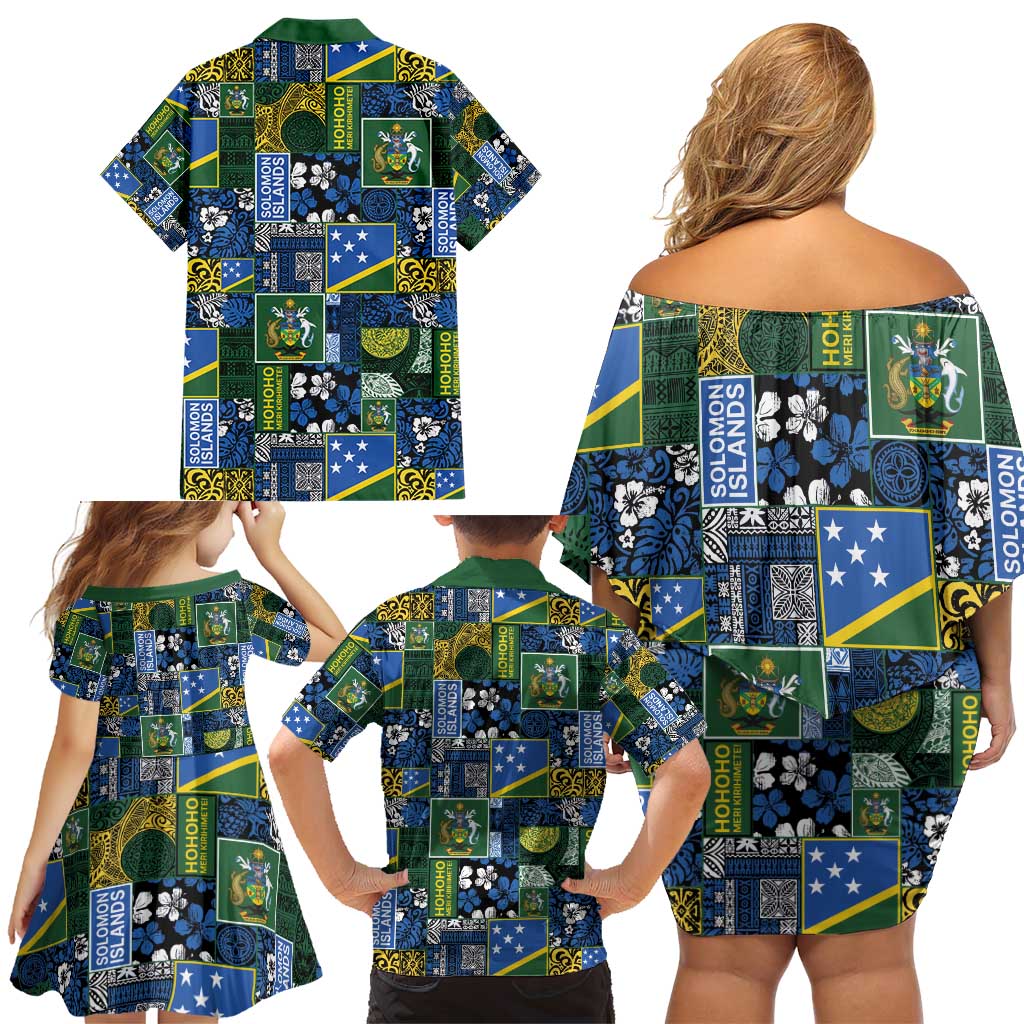 Solomon Islands Meri Kirihimete Family Matching Off Shoulder Short Dress and Hawaiian Shirt Pacific Patchwork Xmas Vibes - Polynesian Pride