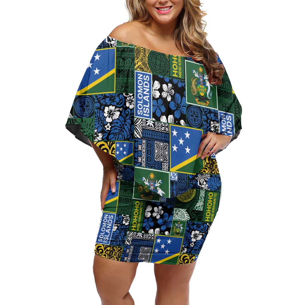 Solomon Islands Meri Kirihimete Family Matching Off Shoulder Short Dress and Hawaiian Shirt Pacific Patchwork Xmas Vibes - Polynesian Pride