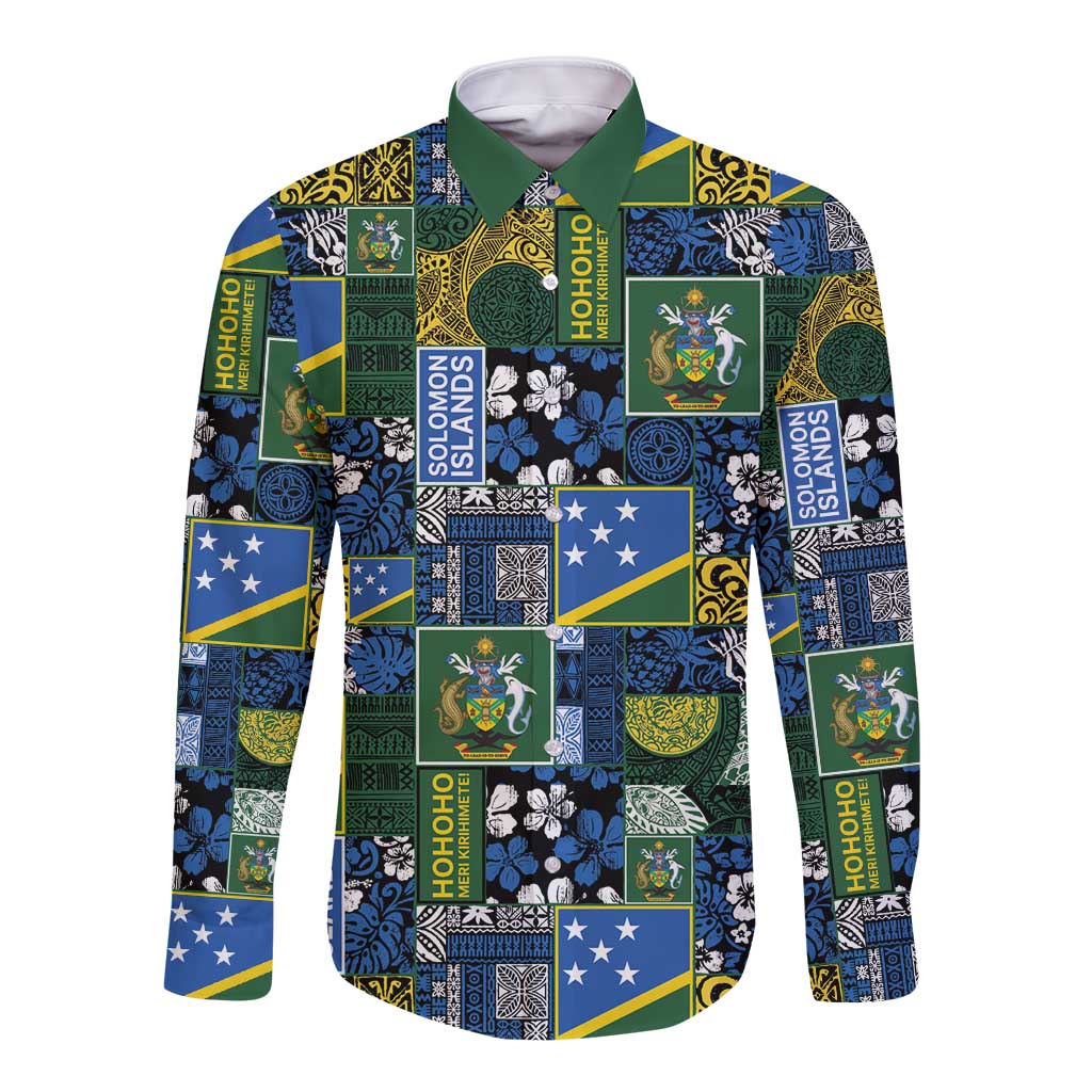 Solomon Islands Meri Kirihimete Long Sleeve Button Shirt Pacific Patchwork Xmas Vibes - Polynesian Pride