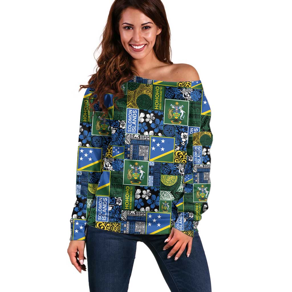Solomon Islands Meri Kirihimete Off Shoulder Sweater Pacific Patchwork Xmas Vibes - Polynesian Pride