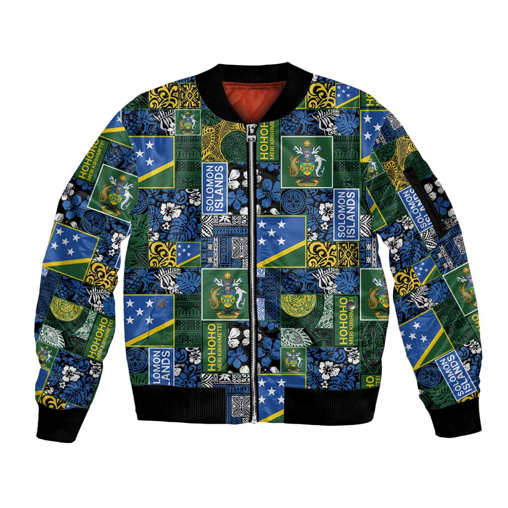 Solomon Islands Meri Kirihimete Sleeve Zip Bomber Jacket Pacific Patchwork Xmas Vibes - Polynesian Pride