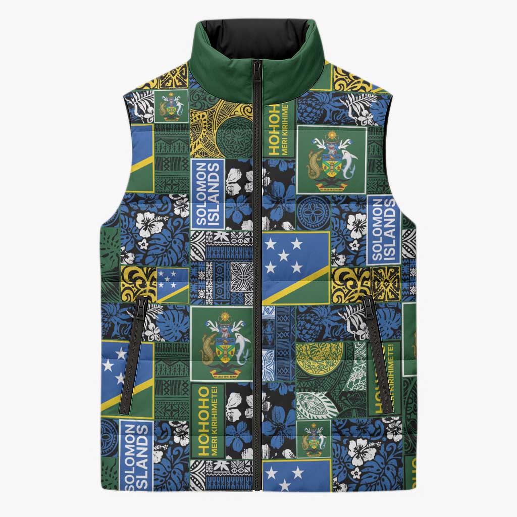 Solomon Islands Meri Kirihimete Sleeveless Puffer Jacket Pacific Patchwork Xmas Vibes - Polynesian Pride