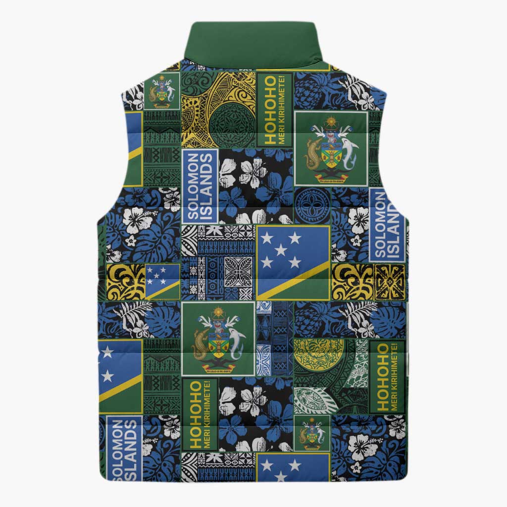 Solomon Islands Meri Kirihimete Sleeveless Puffer Jacket Pacific Patchwork Xmas Vibes - Polynesian Pride