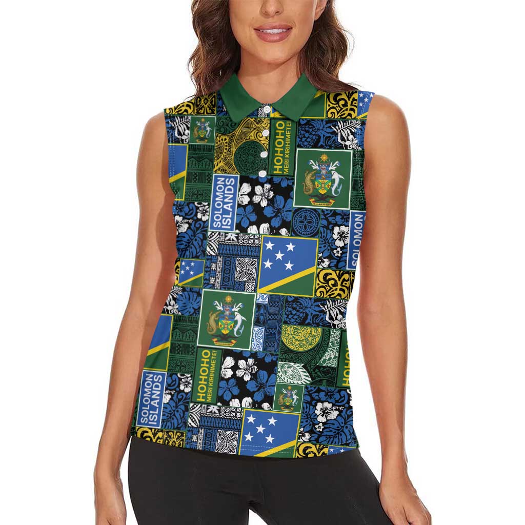 Solomon Islands Meri Kirihimete Women Sleeveless Polo Shirt Pacific Patchwork Xmas Vibes - Polynesian Pride