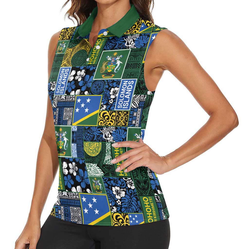 Solomon Islands Meri Kirihimete Women Sleeveless Polo Shirt Pacific Patchwork Xmas Vibes - Polynesian Pride