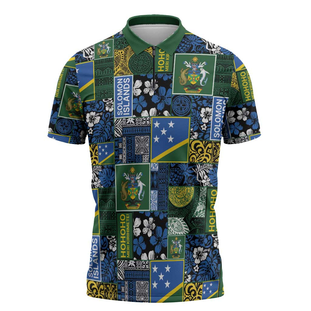 Solomon Islands Meri Kirihimete Zipper Polo Shirt Pacific Patchwork Xmas Vibes - Polynesian Pride