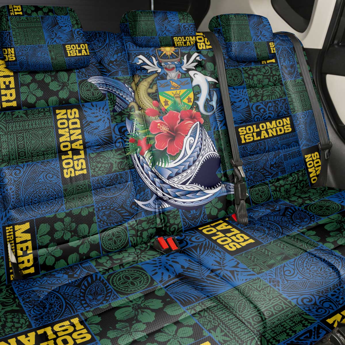 Solomon Islands Meri Kirihimete Back Car Seat Cover Funny Santa Riding Shark - Polynesian Pride