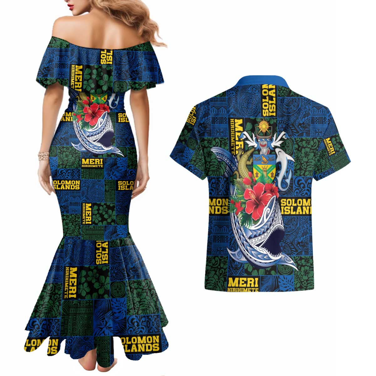 Solomon Islands Meri Kirihimete Couples Matching Mermaid Dress and Hawaiian Shirt Funny Santa Riding Shark - Polynesian Pride