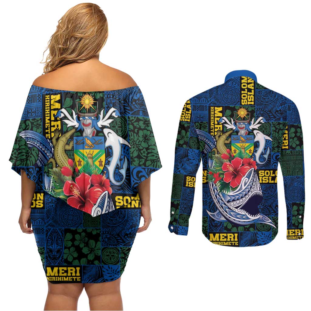 Solomon Islands Meri Kirihimete Couples Matching Off Shoulder Short Dress and Long Sleeve Button Shirt Funny Santa Riding Shark - Polynesian Pride
