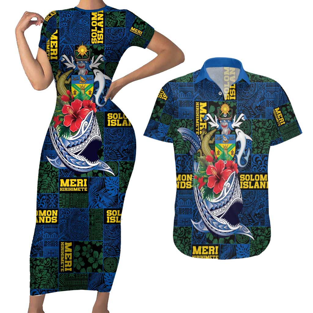 Solomon Islands Meri Kirihimete Couples Matching Short Sleeve Bodycon Dress and Hawaiian Shirt Funny Santa Riding Shark - Polynesian Pride