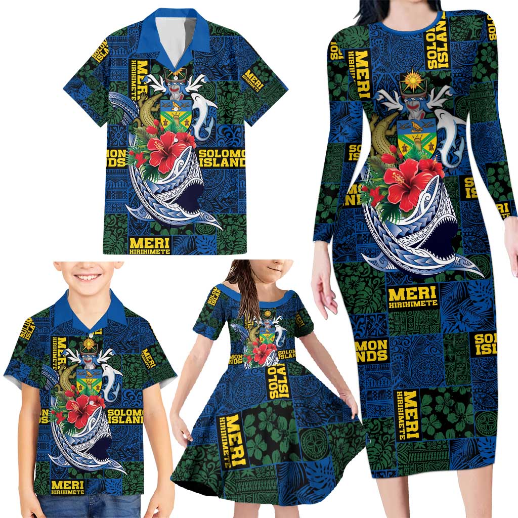 Solomon Islands Meri Kirihimete Family Matching Long Sleeve Bodycon Dress and Hawaiian Shirt Funny Santa Riding Shark - Polynesian Pride