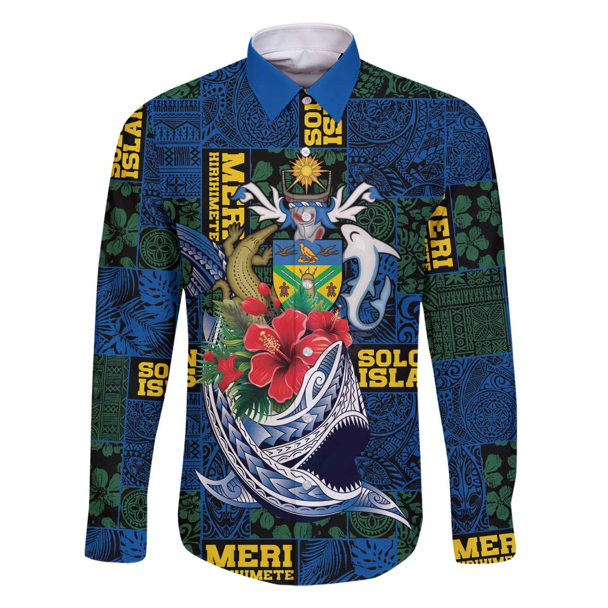 Solomon Islands Meri Kirihimete Family Matching Off The Shoulder Long Sleeve Dress and Hawaiian Shirt Funny Santa Riding Shark - Polynesian Pride