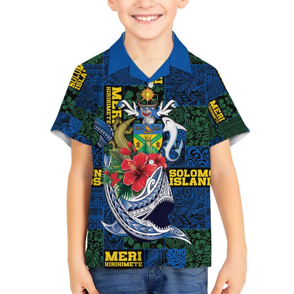 Solomon Islands Meri Kirihimete Family Matching Off Shoulder Short Dress and Hawaiian Shirt Funny Santa Riding Shark - Polynesian Pride
