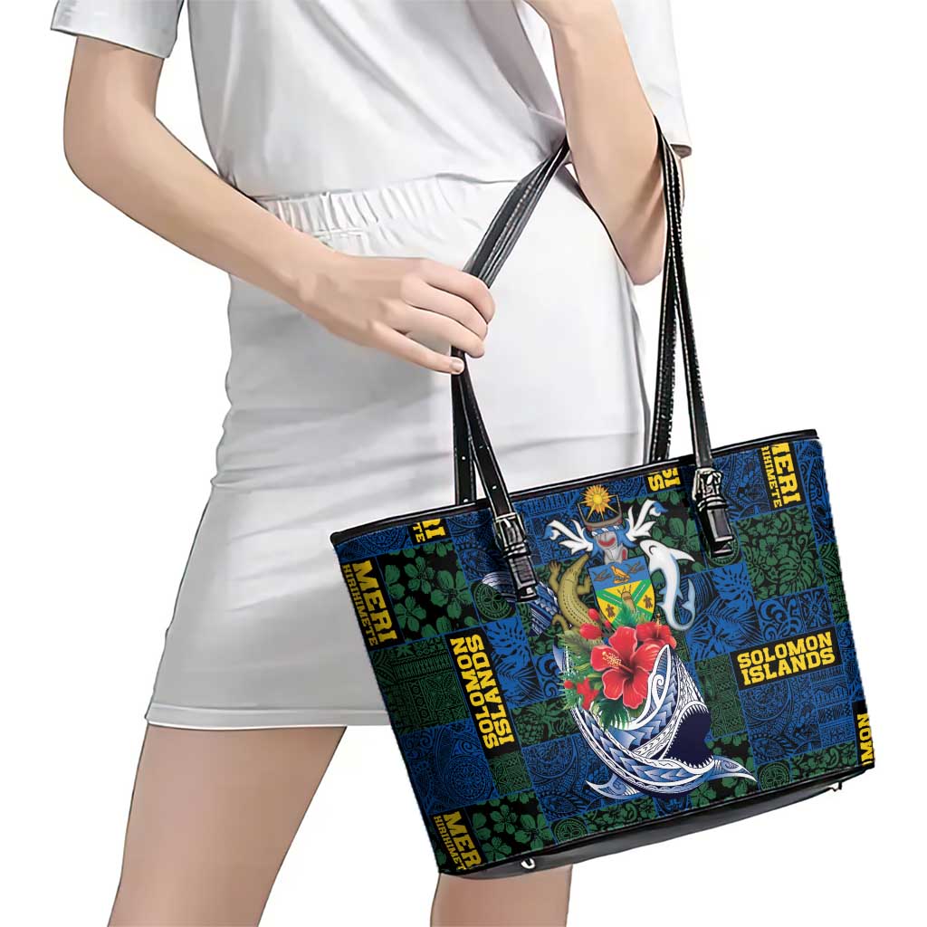 Solomon Islands Meri Kirihimete Leather Tote Bag Funny Santa Riding Shark - Polynesian Pride