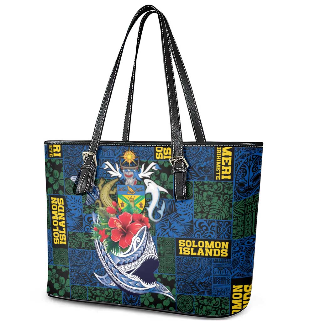 Solomon Islands Meri Kirihimete Leather Tote Bag Funny Santa Riding Shark - Polynesian Pride