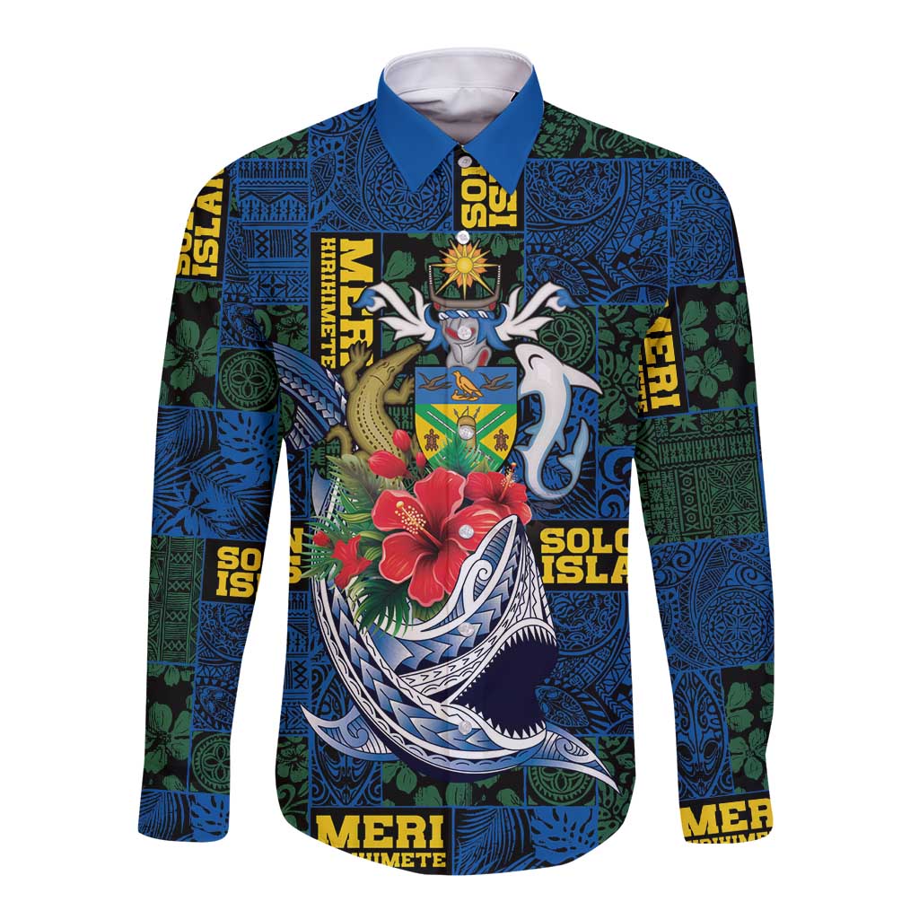 Solomon Islands Meri Kirihimete Long Sleeve Button Shirt Funny Santa Riding Shark - Polynesian Pride