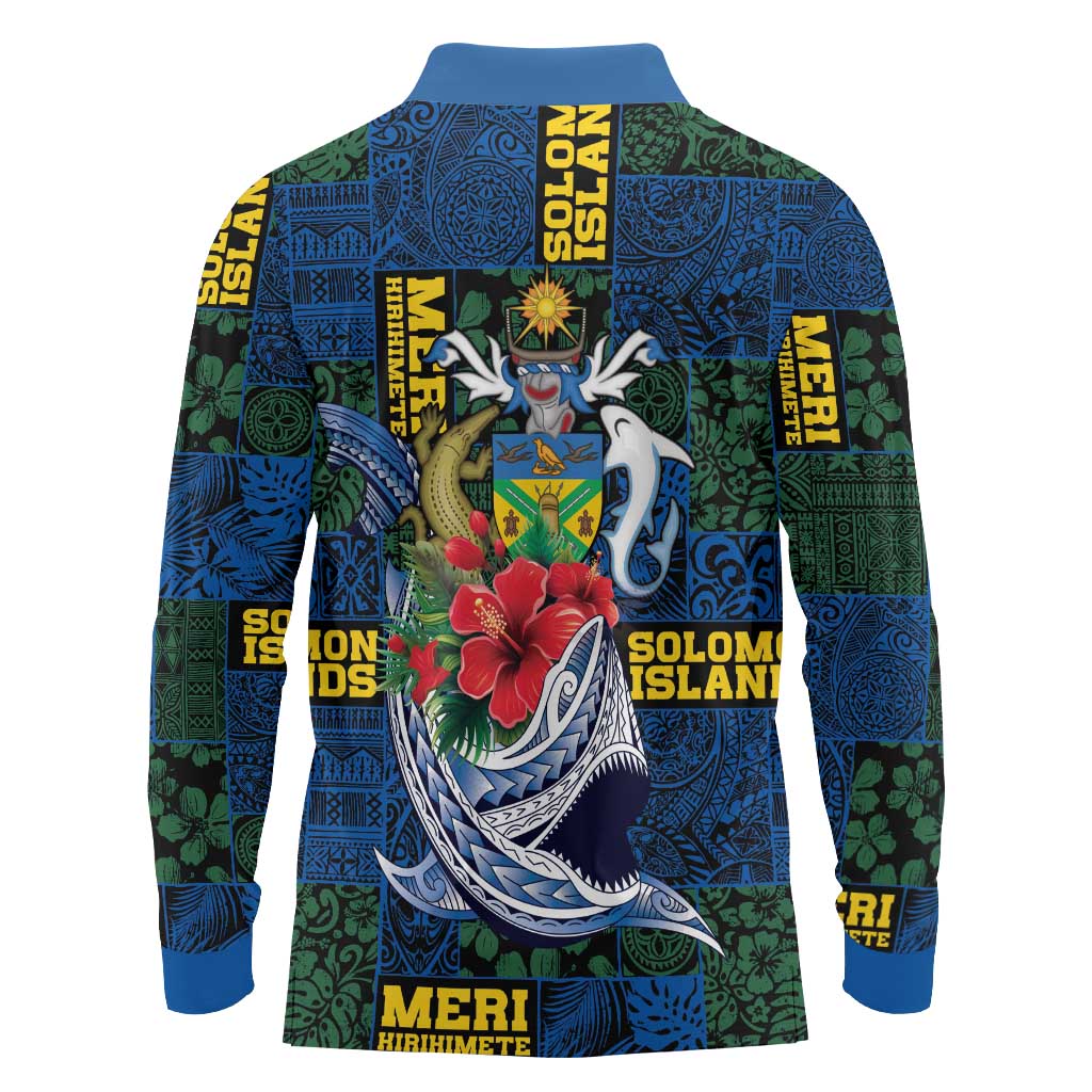 Solomon Islands Meri Kirihimete Long Sleeve Polo Shirt Funny Santa Riding Shark - Polynesian Pride