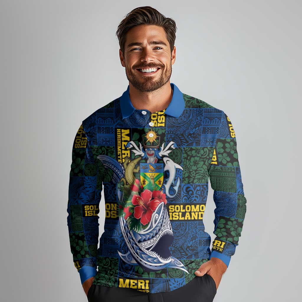 Solomon Islands Meri Kirihimete Long Sleeve Polo Shirt Funny Santa Riding Shark - Polynesian Pride