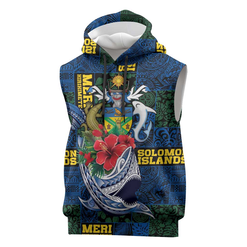 Solomon Islands Meri Kirihimete Sleeveless Hoodie Funny Santa Riding Shark - Polynesian Pride