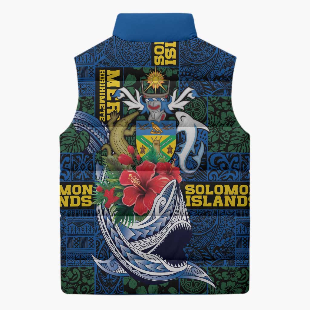 Solomon Islands Meri Kirihimete Sleeveless Puffer Jacket Funny Santa Riding Shark - Polynesian Pride