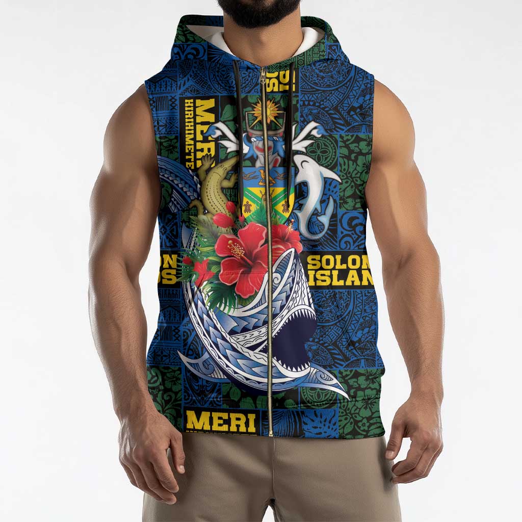 Solomon Islands Meri Kirihimete Sleeveless Zip Hoodie Funny Santa Riding Shark - Polynesian Pride