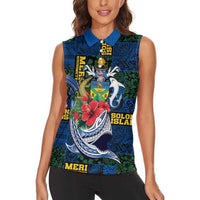 Solomon Islands Meri Kirihimete Women Sleeveless Polo Shirt Funny Santa Riding Shark - Polynesian Pride