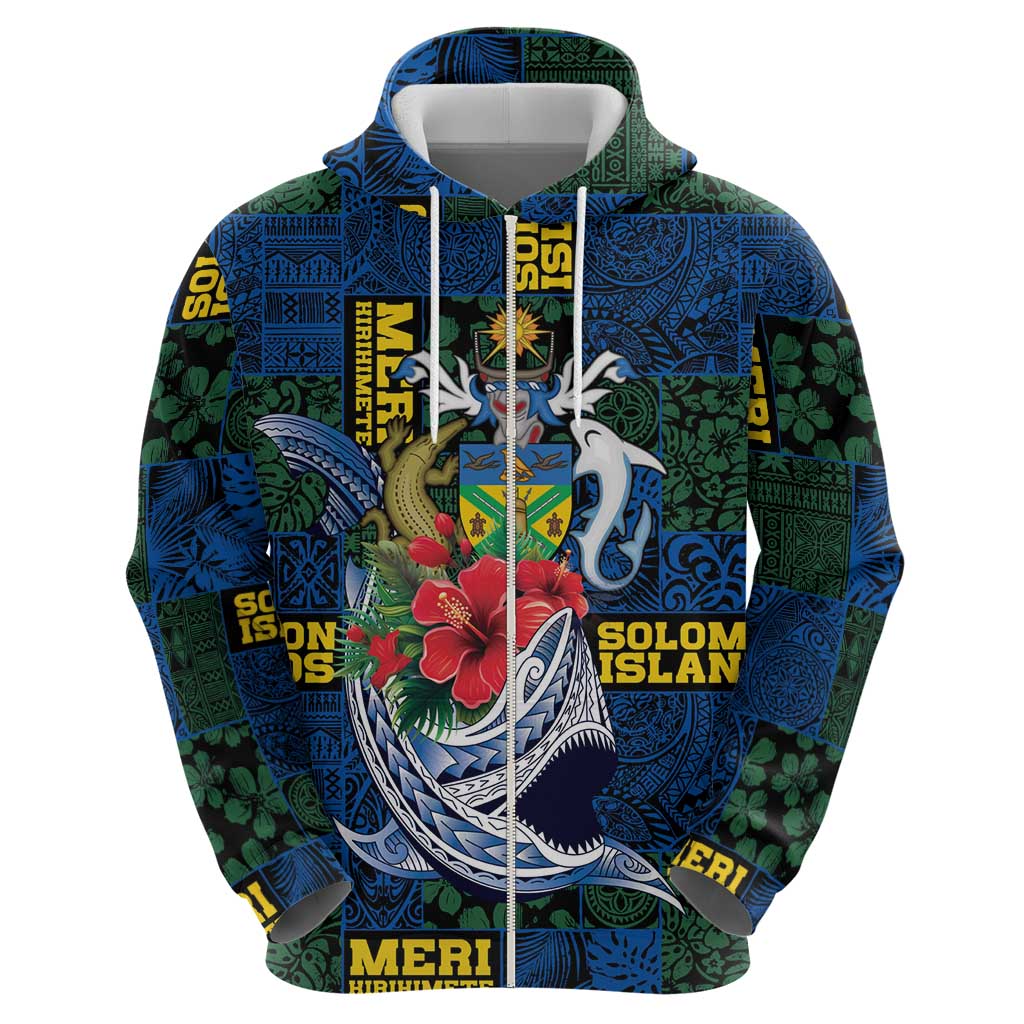Solomon Islands Meri Kirihimete Zip Hoodie Funny Santa Riding Shark - Polynesian Pride