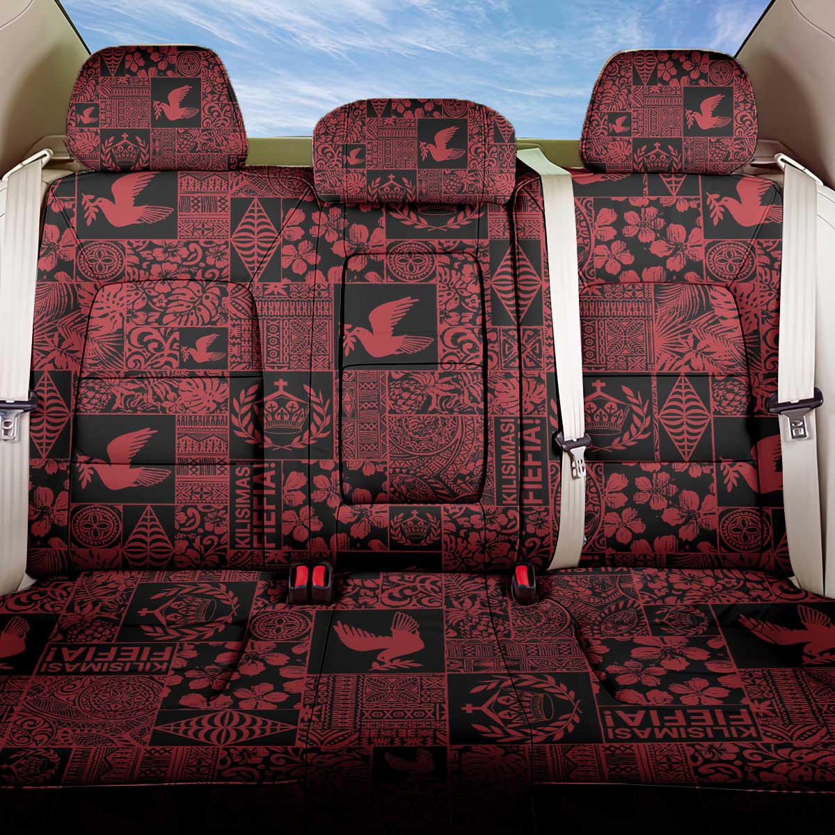 Black Tonga Kilisimasi Fiefia Back Car Seat Cover Pacific Patchwork Xmas Vibes - Polynesian Pride