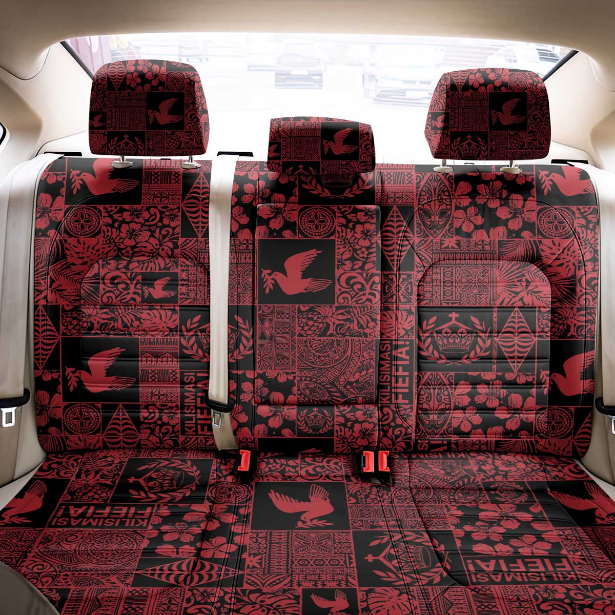 Black Tonga Kilisimasi Fiefia Back Car Seat Cover Pacific Patchwork Xmas Vibes - Polynesian Pride