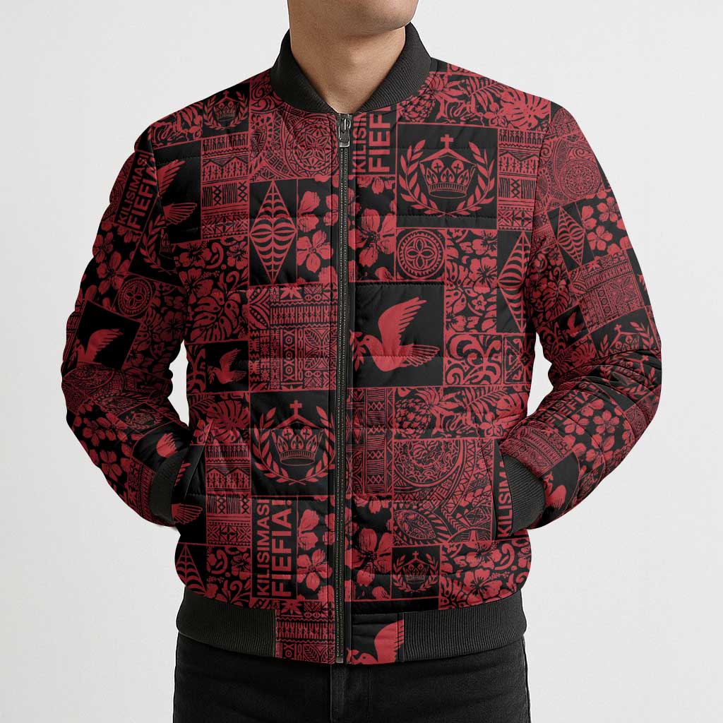 Black Tonga Kilisimasi Fiefia Bomber Puffer Jacket Pacific Patchwork Xmas Vibes - Polynesian Pride