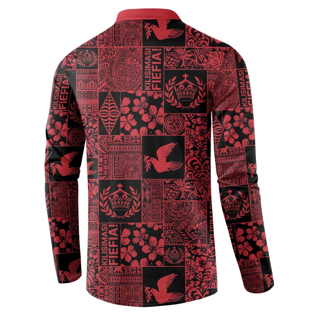 Black Tonga Kilisimasi Fiefia Button Sweatshirt Pacific Patchwork Xmas Vibes - Polynesian Pride