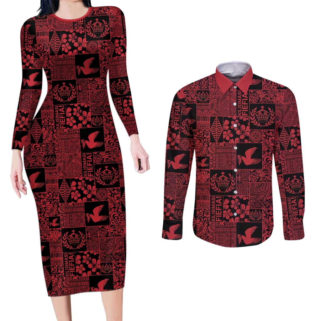 Black Tonga Kilisimasi Fiefia Couples Matching Long Sleeve Bodycon Dress and Long Sleeve Button Shirt Pacific Patchwork Xmas Vibes - Polynesian Pride