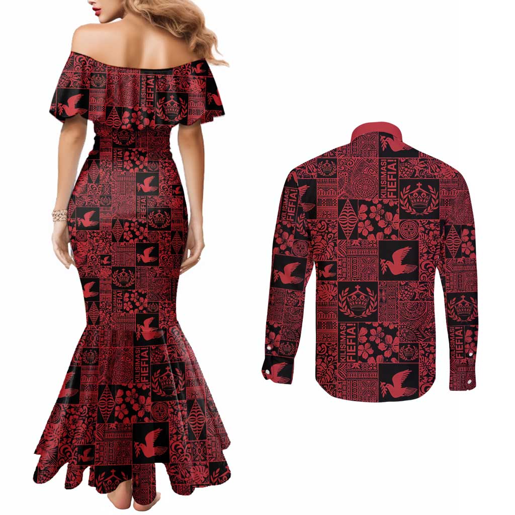 Black Tonga Kilisimasi Fiefia Couples Matching Mermaid Dress and Long Sleeve Button Shirt Pacific Patchwork Xmas Vibes - Polynesian Pride