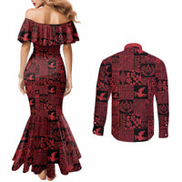 Black Tonga Kilisimasi Fiefia Couples Matching Mermaid Dress and Long Sleeve Button Shirt Pacific Patchwork Xmas Vibes - Polynesian Pride