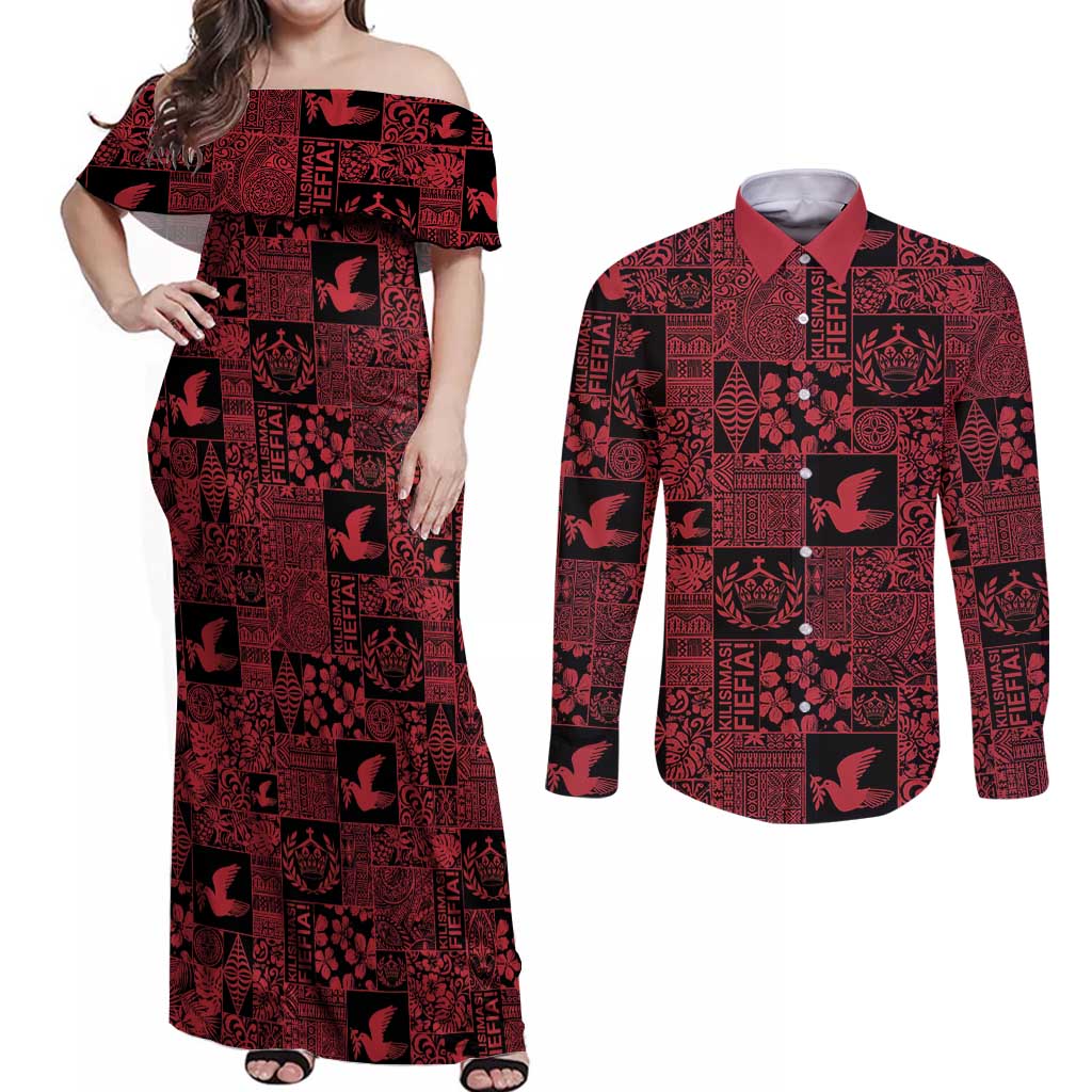 Black Tonga Kilisimasi Fiefia Couples Matching Off Shoulder Maxi Dress and Long Sleeve Button Shirt Pacific Patchwork Xmas Vibes - Polynesian Pride