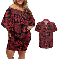 Black Tonga Kilisimasi Fiefia Couples Matching Off Shoulder Short Dress and Hawaiian Shirt Pacific Patchwork Xmas Vibes - Polynesian Pride