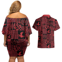 Black Tonga Kilisimasi Fiefia Couples Matching Off Shoulder Short Dress and Hawaiian Shirt Pacific Patchwork Xmas Vibes - Polynesian Pride