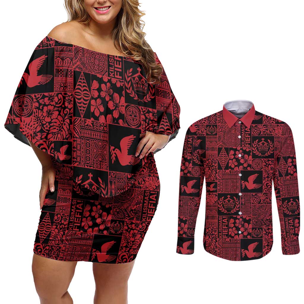 Black Tonga Kilisimasi Fiefia Couples Matching Off Shoulder Short Dress and Long Sleeve Button Shirt Pacific Patchwork Xmas Vibes - Polynesian Pride