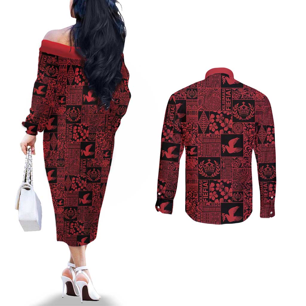 Black Tonga Kilisimasi Fiefia Couples Matching Off The Shoulder Long Sleeve Dress and Long Sleeve Button Shirt Pacific Patchwork Xmas Vibes - Polynesian Pride