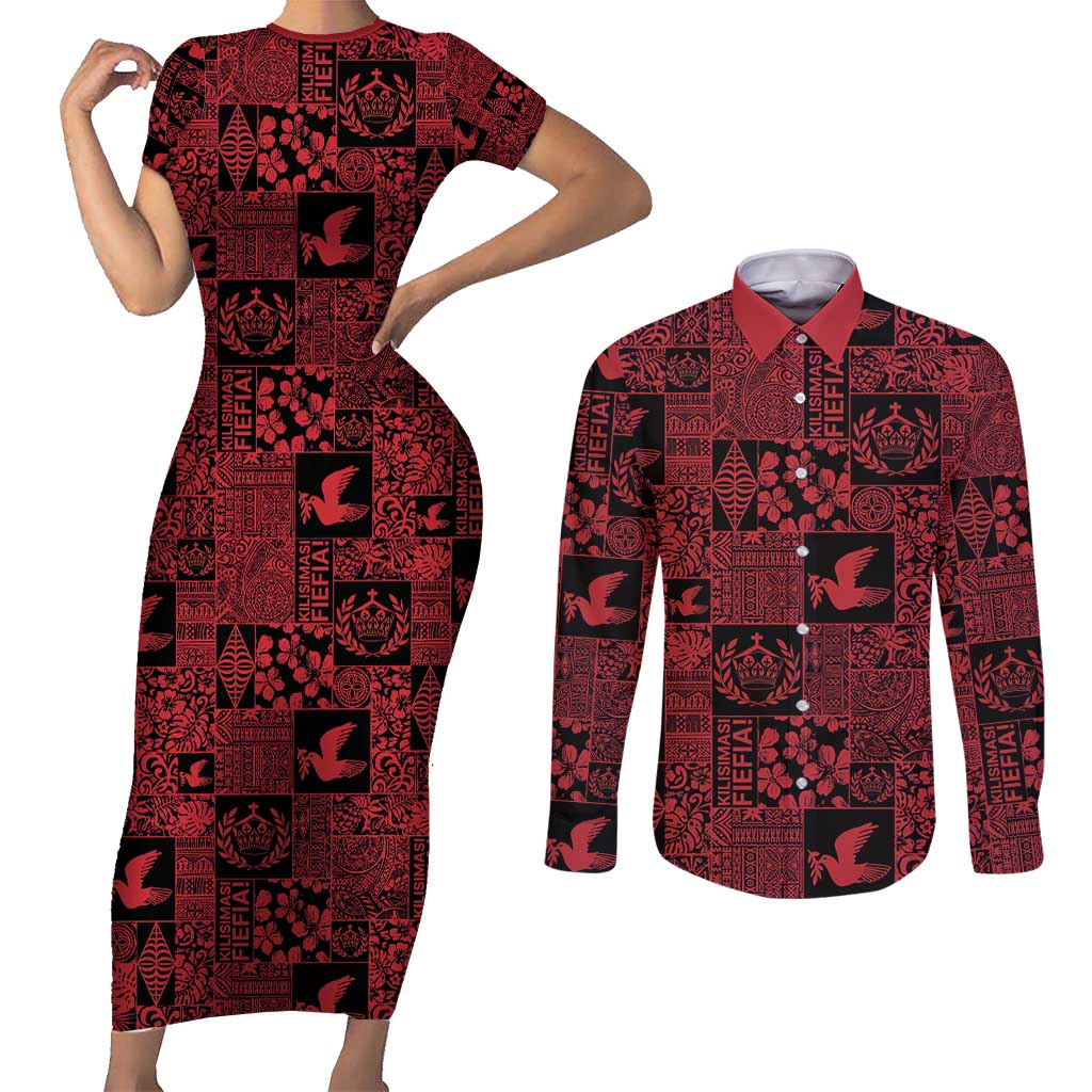 Black Tonga Kilisimasi Fiefia Couples Matching Short Sleeve Bodycon Dress and Long Sleeve Button Shirt Pacific Patchwork Xmas Vibes - Polynesian Pride