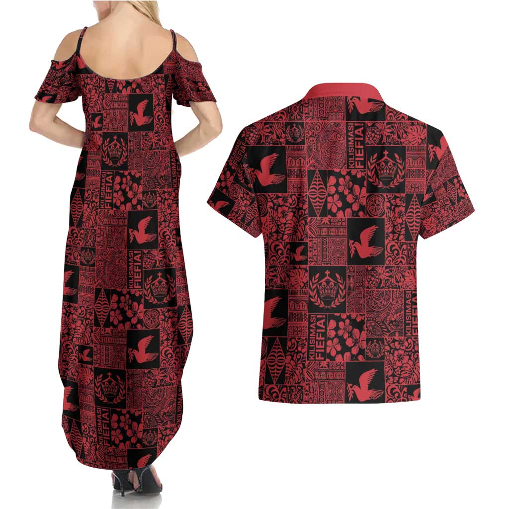 Black Tonga Kilisimasi Fiefia Couples Matching Summer Maxi Dress and Hawaiian Shirt Pacific Patchwork Xmas Vibes - Polynesian Pride
