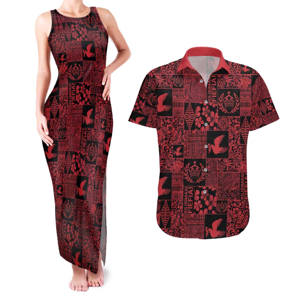 Black Tonga Kilisimasi Fiefia Couples Matching Tank Maxi Dress and Hawaiian Shirt Pacific Patchwork Xmas Vibes - Polynesian Pride