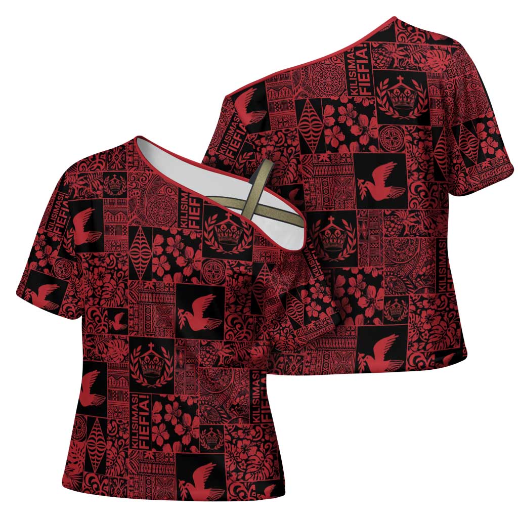 Black Tonga Kilisimasi Fiefia Cross Shoulder Shirt Pacific Patchwork Xmas Vibes - Polynesian Pride
