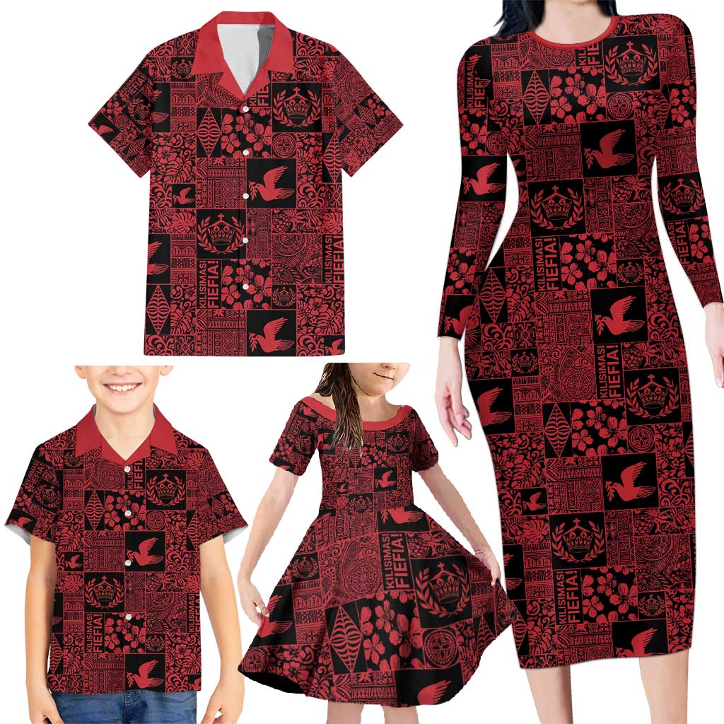 Black Tonga Kilisimasi Fiefia Family Matching Long Sleeve Bodycon Dress and Hawaiian Shirt Pacific Patchwork Xmas Vibes - Polynesian Pride