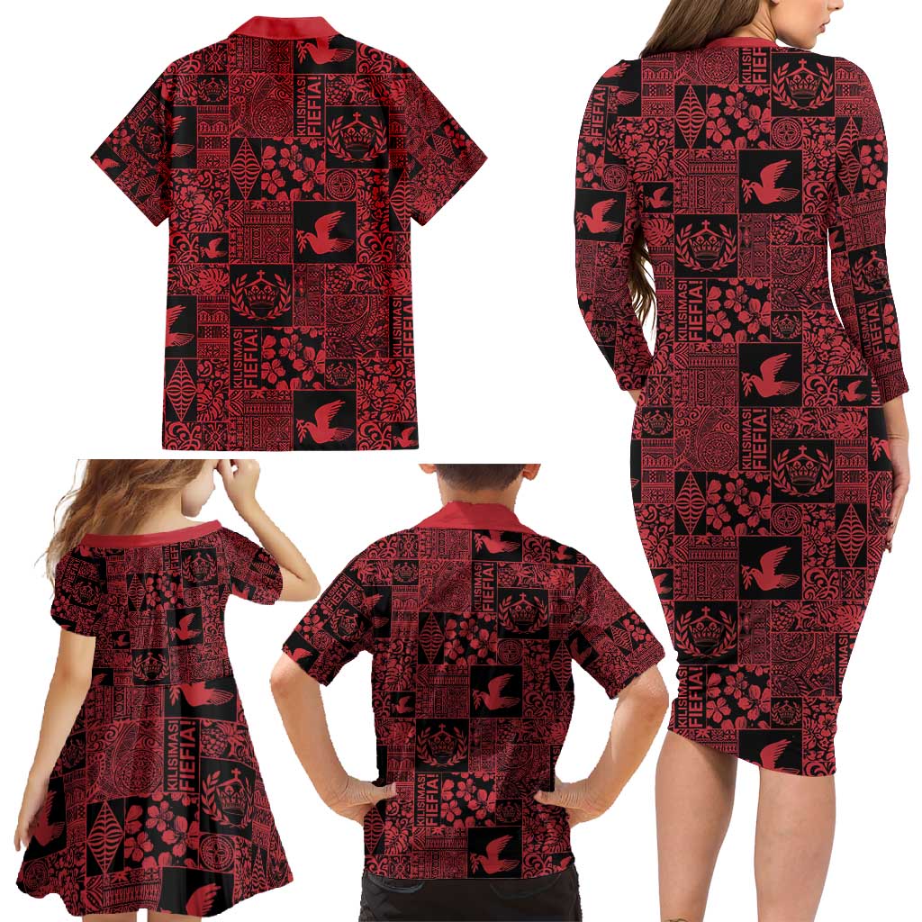 Black Tonga Kilisimasi Fiefia Family Matching Long Sleeve Bodycon Dress and Hawaiian Shirt Pacific Patchwork Xmas Vibes - Polynesian Pride