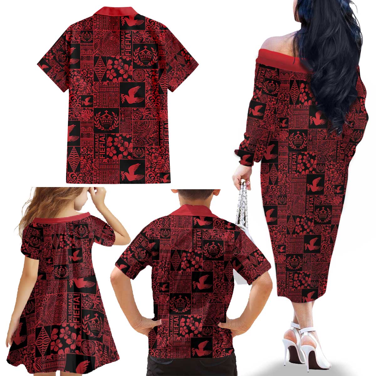 Black Tonga Kilisimasi Fiefia Family Matching Off The Shoulder Long Sleeve Dress and Hawaiian Shirt Pacific Patchwork Xmas Vibes - Polynesian Pride