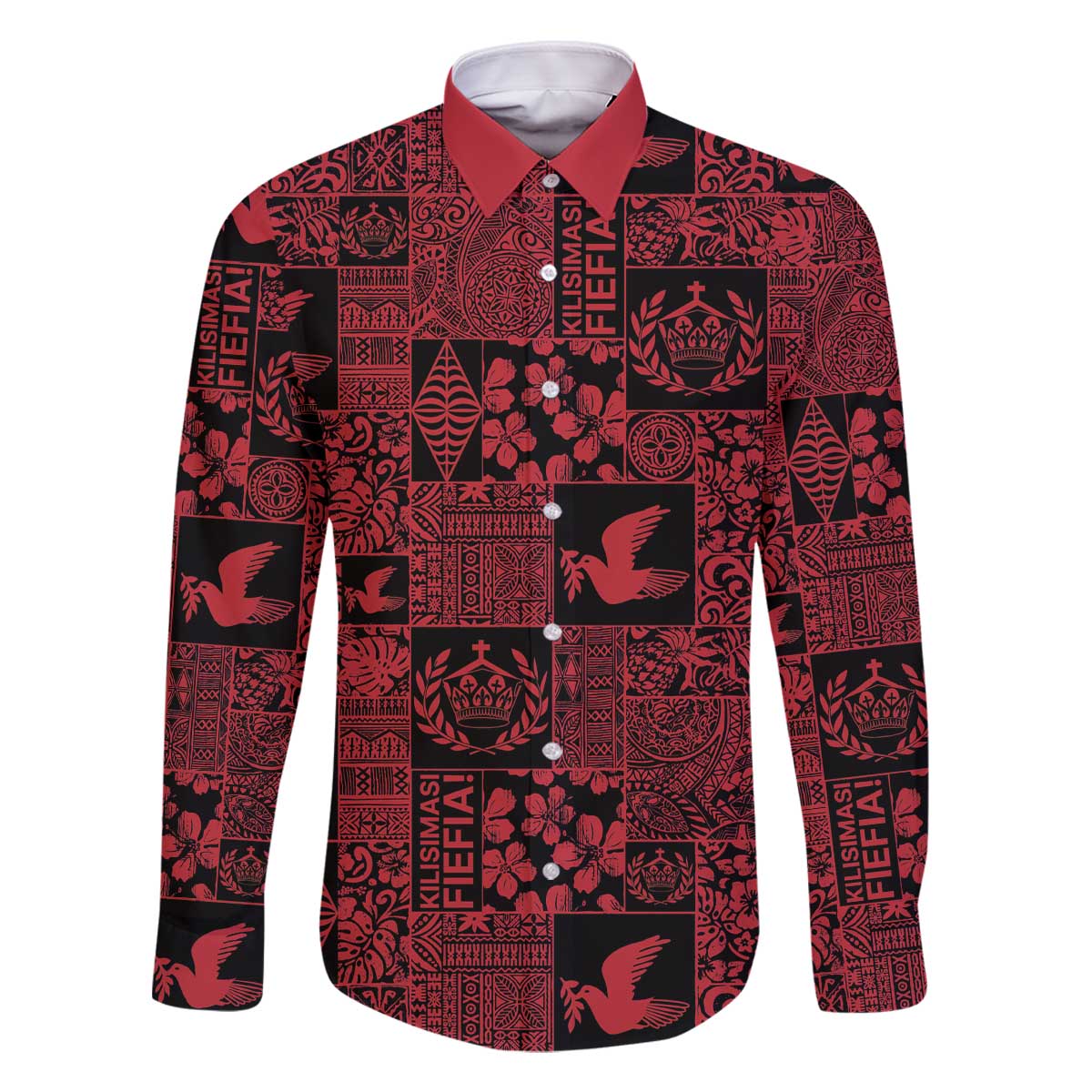 Black Tonga Kilisimasi Fiefia Family Matching Off The Shoulder Long Sleeve Dress and Hawaiian Shirt Pacific Patchwork Xmas Vibes - Polynesian Pride