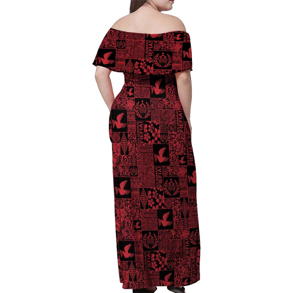 Black Tonga Kilisimasi Fiefia Family Matching Off Shoulder Maxi Dress and Hawaiian Shirt Pacific Patchwork Xmas Vibes - Polynesian Pride