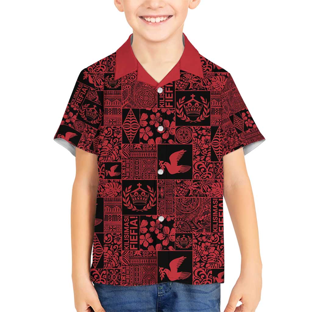 Black Tonga Kilisimasi Fiefia Family Matching Off Shoulder Short Dress and Hawaiian Shirt Pacific Patchwork Xmas Vibes - Polynesian Pride